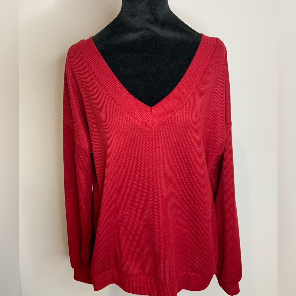 Chic Red Deep V-Neck Tie-Back Sweater – Size L